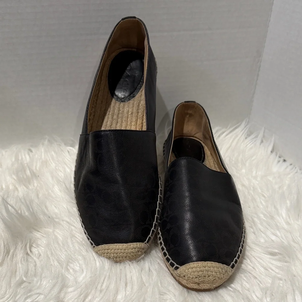 COACH Carley espadrille in black leather w perforated signature logo pattern